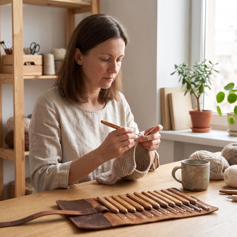 مجموعة خطافات الكروشيه المحمول - مراجعة Wooden Crochet Hooks Ergonomic Handle وسعره